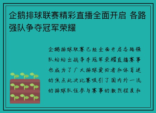 企鹅排球联赛精彩直播全面开启 各路强队争夺冠军荣耀